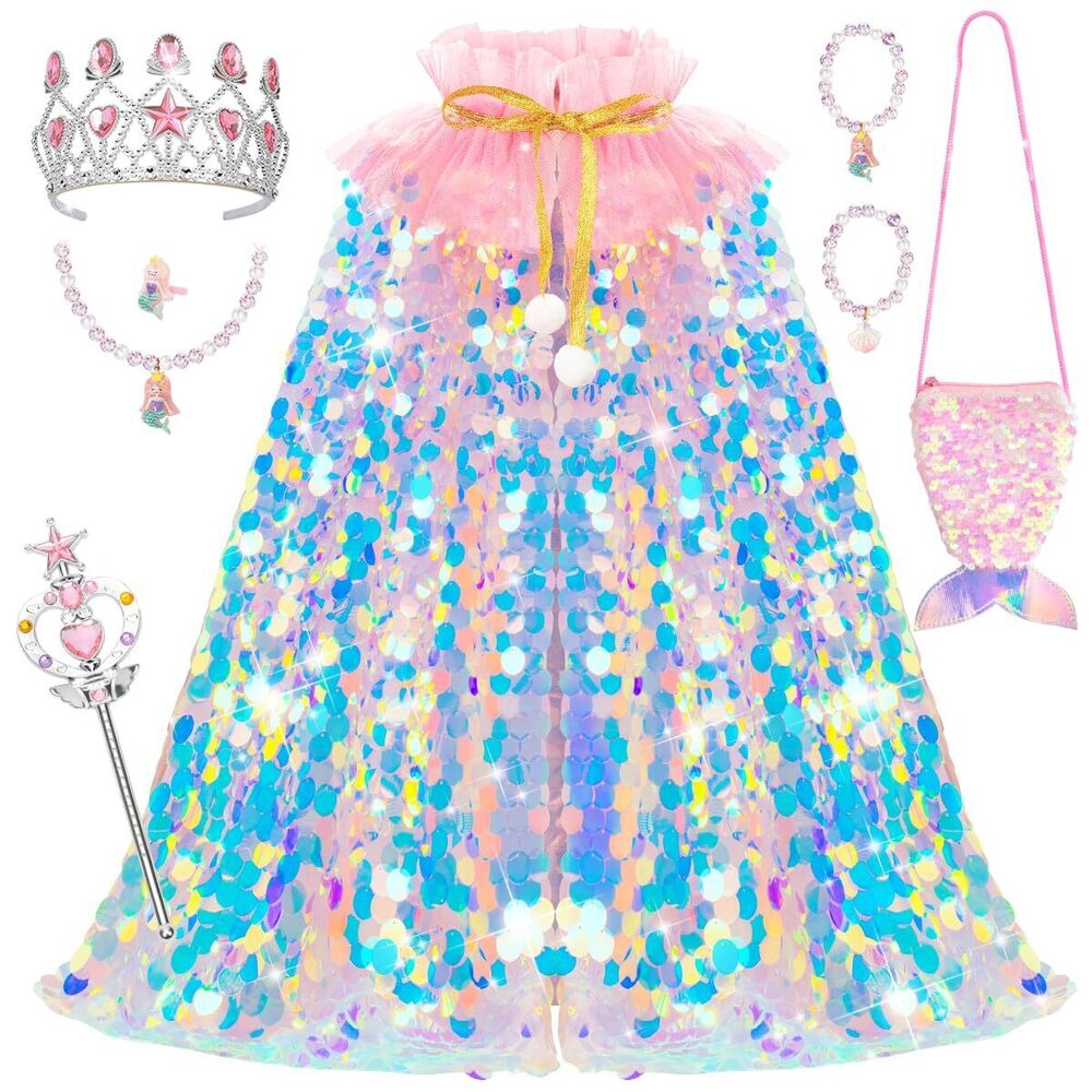 Princess Dress Up for Girls 3-8, Mermaid Cape with Crown, Dress Up